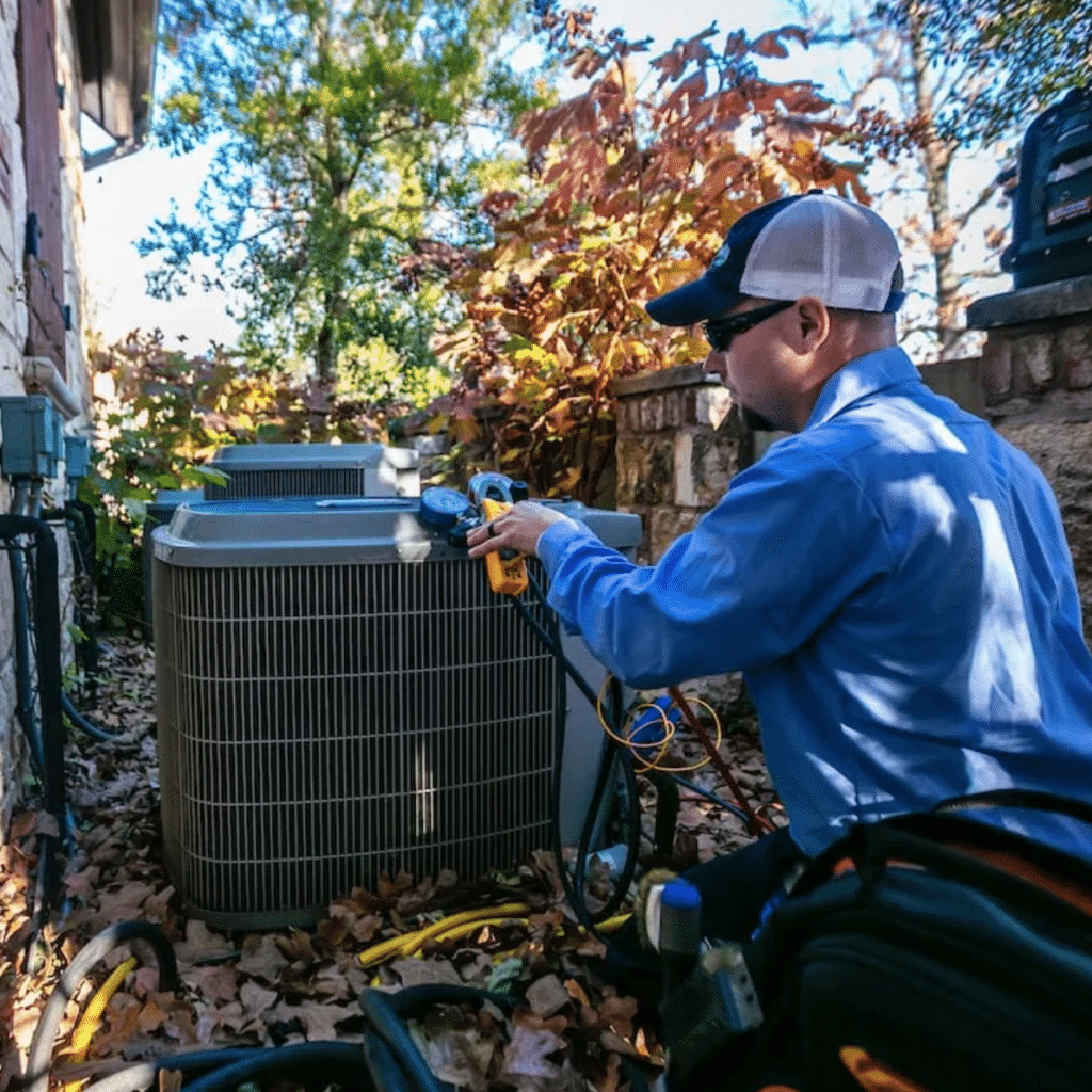 An Atchley Air worker using a pressure gauge to service an air conditioning unit outside of a residential home