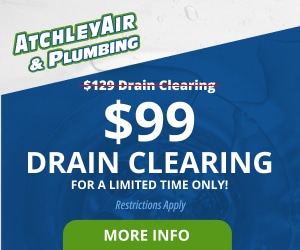 A coupon with the Atchley Air & Plumbing logo featuring text that reads $99 Drain Clearing for a limited time only, regularly $129 Drain Clearing